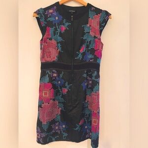 Nanette Lepore Black Mini Dress with Pink and Blue Floral Pattern front zipper